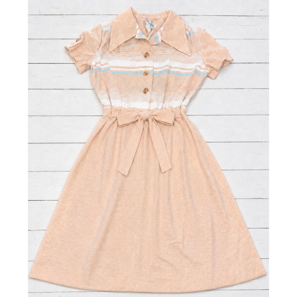 Vintage Parkshire Dress 70s Striped Knit Belted Midi Mod Boho Beige Silk Size 6